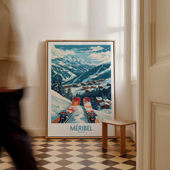 Meribel Wall Art Ski Print - France showcasing a beautiful snowy landscape and ski slopes.