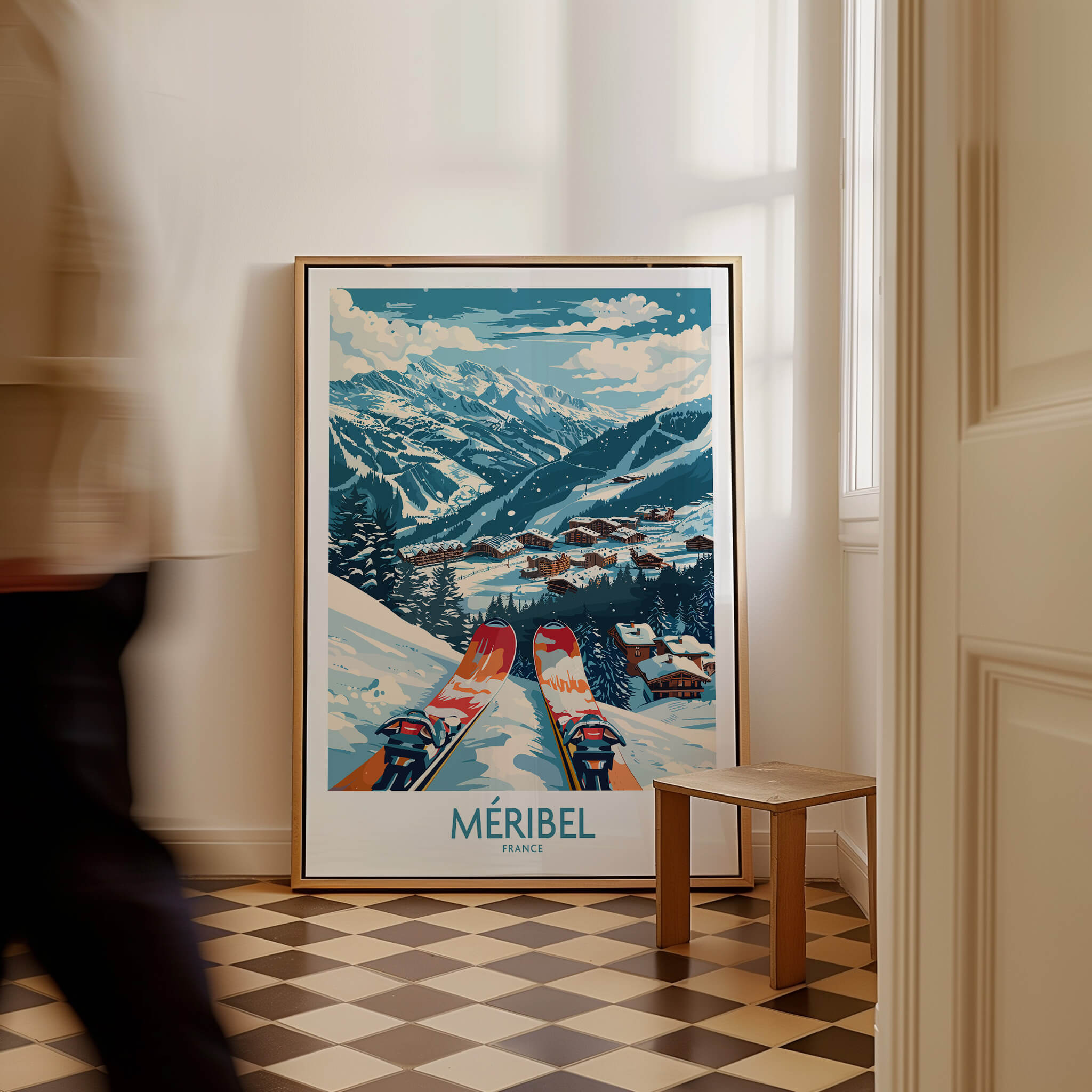 Meribel Wall Art Ski Print - France showcasing a beautiful snowy landscape and ski slopes.