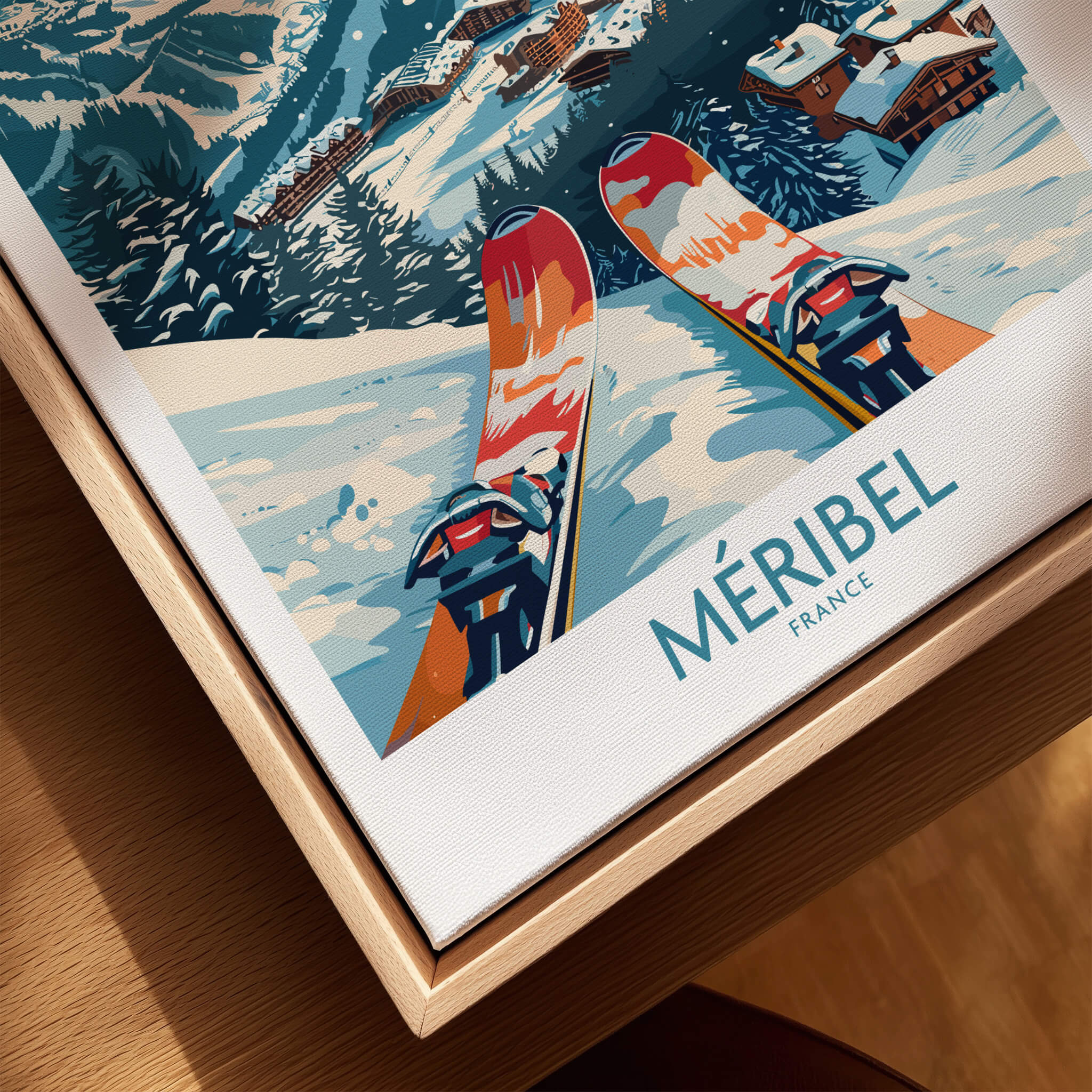 Meribel Wall Art Ski Print - France showcasing vibrant ski scene and alpine beauty.