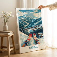 Meribel Wall Art Ski Print - France featuring a scenic alpine view with skis in foreground and mountains in background.