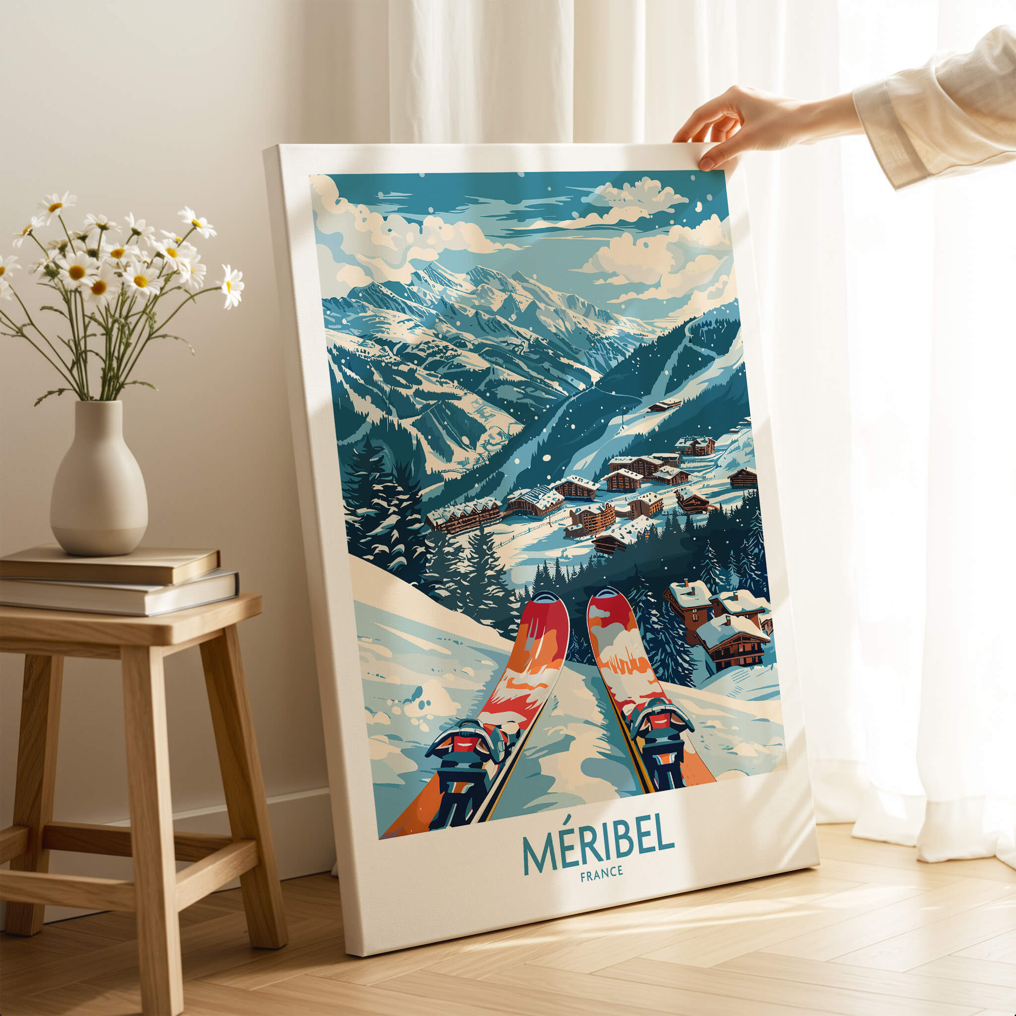 Meribel Wall Art Ski Print - France featuring a scenic alpine view with skis in foreground and mountains in background.