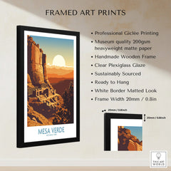 Framed Mesa Verde National Park print with sunset landscape, wooden frame, and product details.