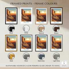 Mesa Verde National Park travel poster print shown with eight different color frame options