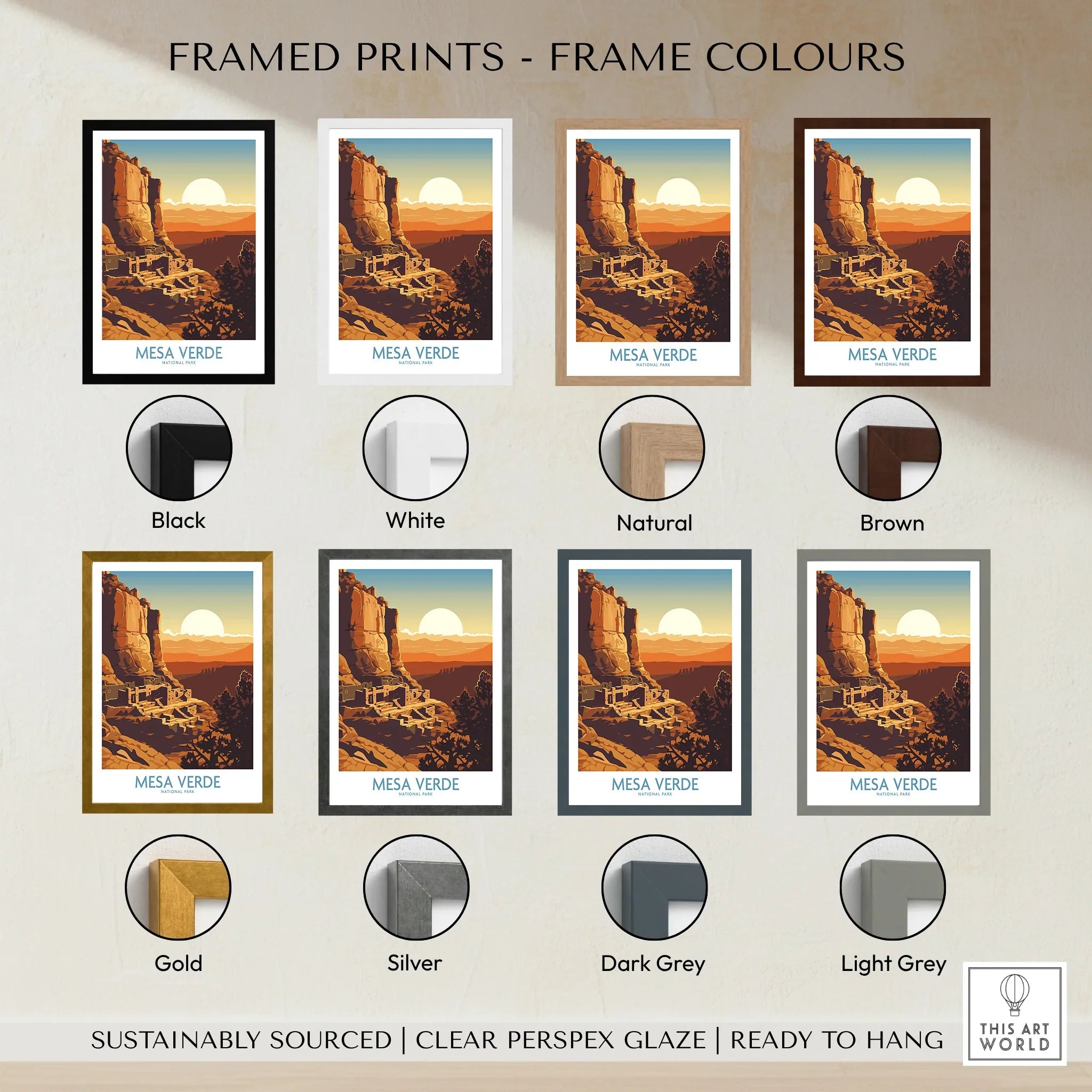 Mesa Verde National Park travel poster print shown with eight different color frame options