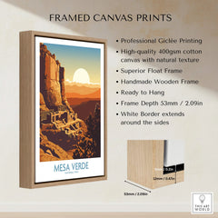 Mesa Verde National Park framed canvas print with float frame, sunset cliff dwellings artwork.