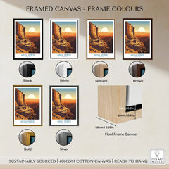 Mesa Verde National Park travel poster with six canvas frame color options including black, white, natural, brown, gold, and silver.