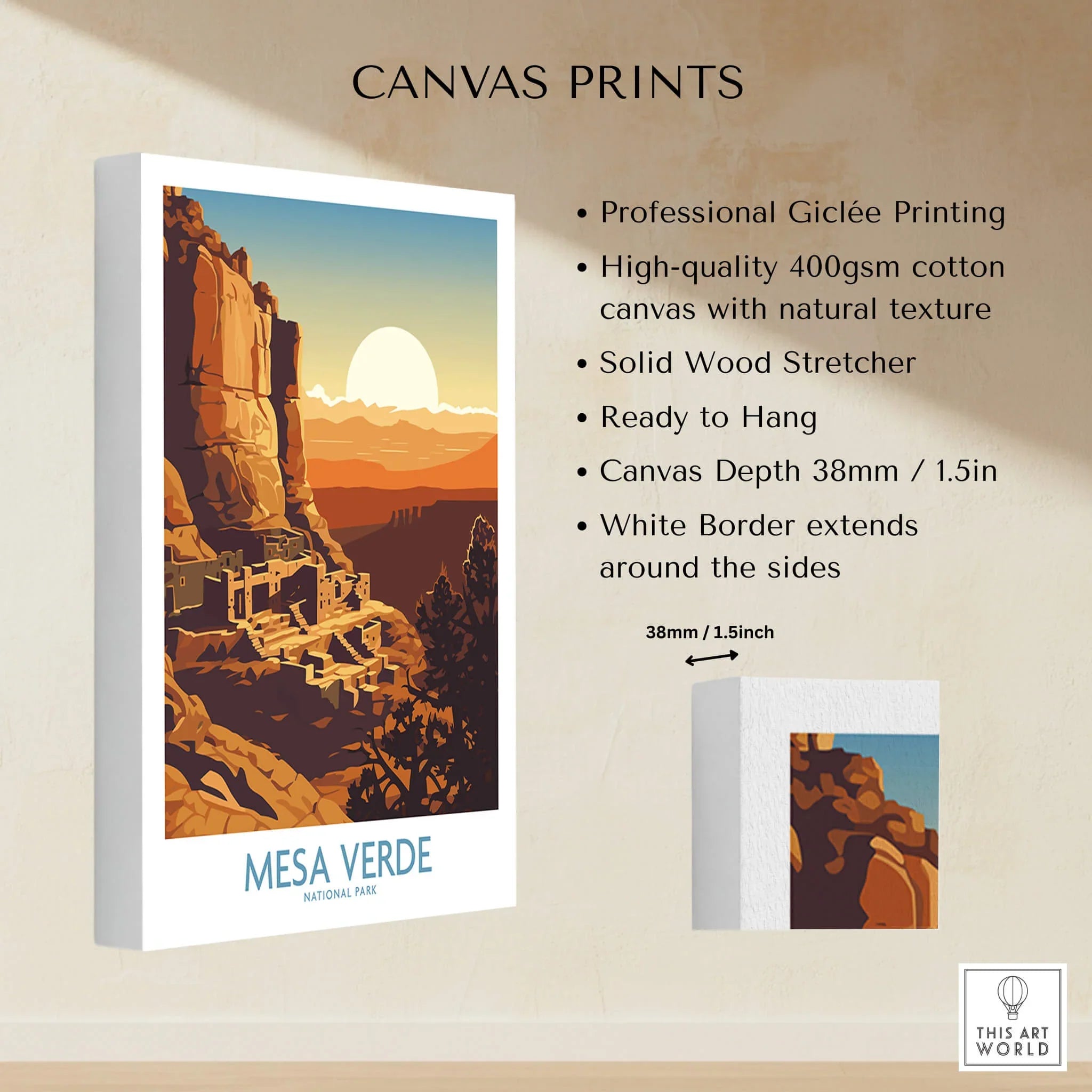 Mesa Verde National Park canvas print wall art with cliffs and sunset illustration.