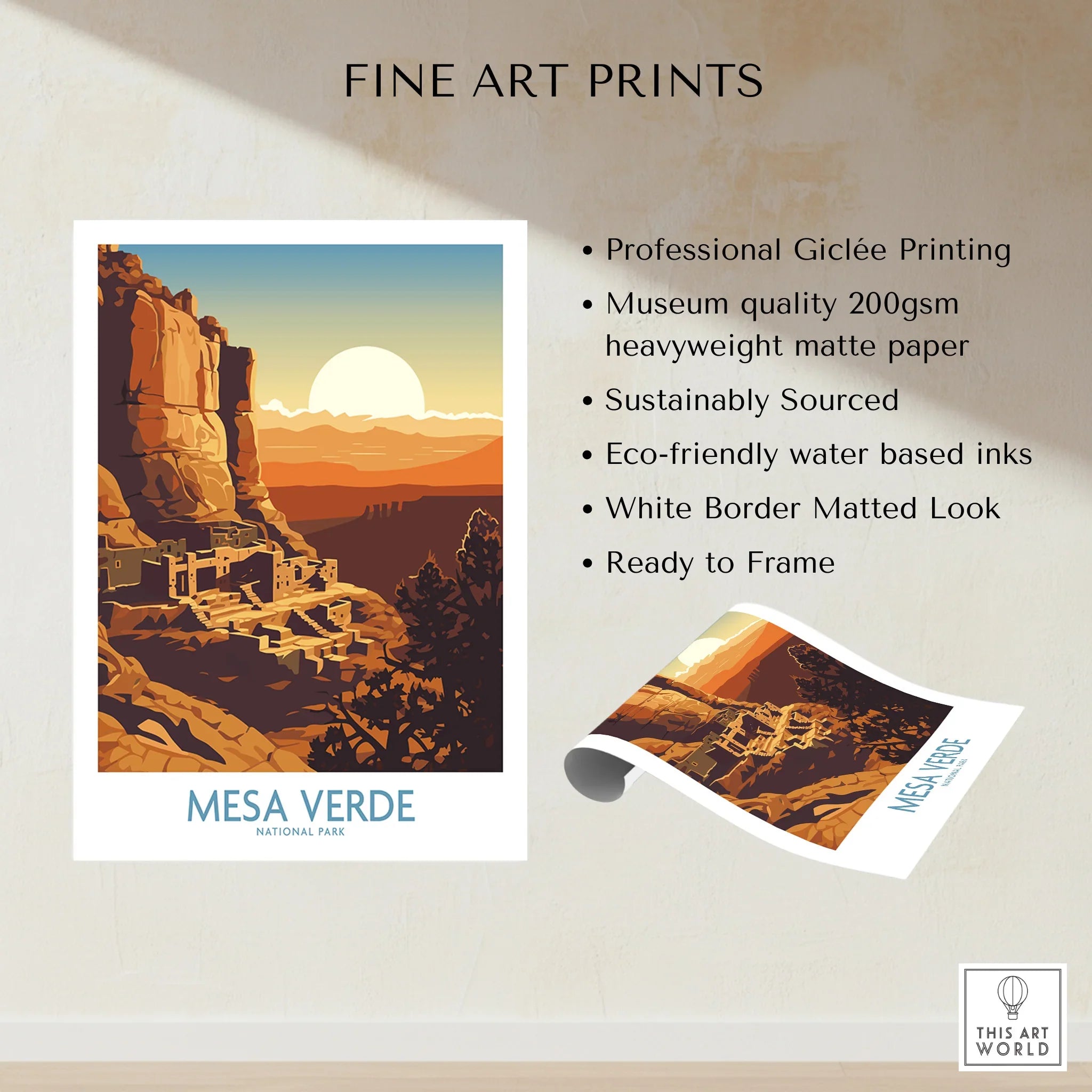 Mesa Verde National Park travel poster print with cliff dwellings at sunset, unframed fine art