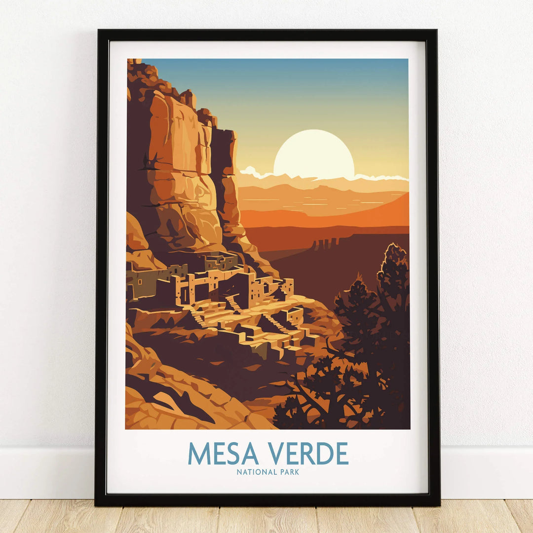 Mesa Verde National Park art print in black frame, featuring sunset and cliff dwellings.