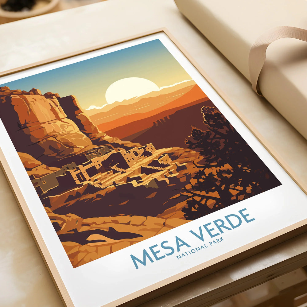 Mesa Verde National Park art print in natural wood frame, sunset canyon landscape close-up