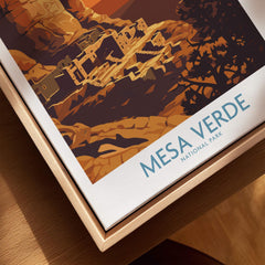 Mesa Verde National Park travel poster print in a natural wood floating frame