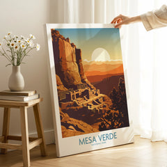 Mesa Verde National Park art print with sunset, held in a bright modern room.