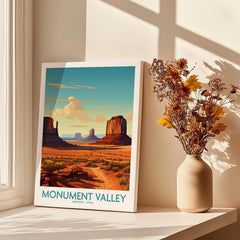 Monument Valley travel poster print on windowsill with vase of dried flowers in sunlight