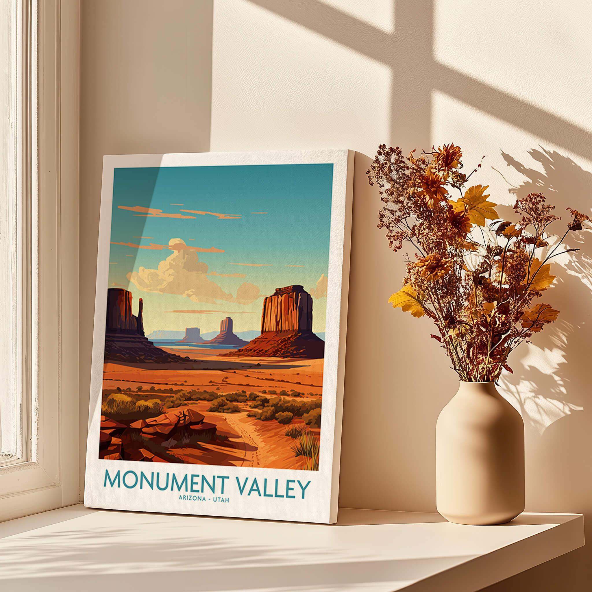 Monument Valley travel poster print on windowsill with vase of dried flowers in sunlight