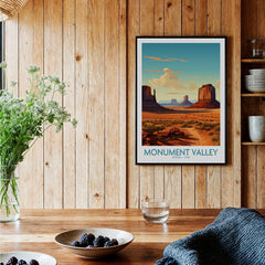 Framed Monument Valley travel poster in a rustic kitchen with wood wall and breakfast table.