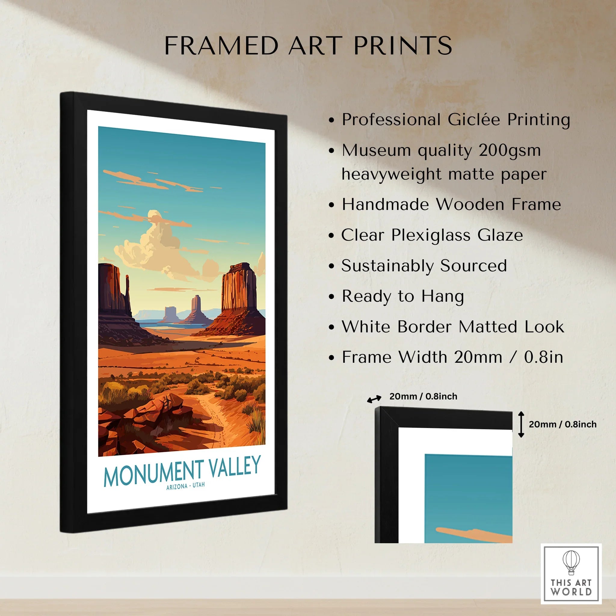 Framed Monument Valley art print with desert landscape, giclée quality, and product details.
