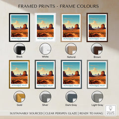 Monument Valley art print in eight frame color options, desert landscape wall decor.