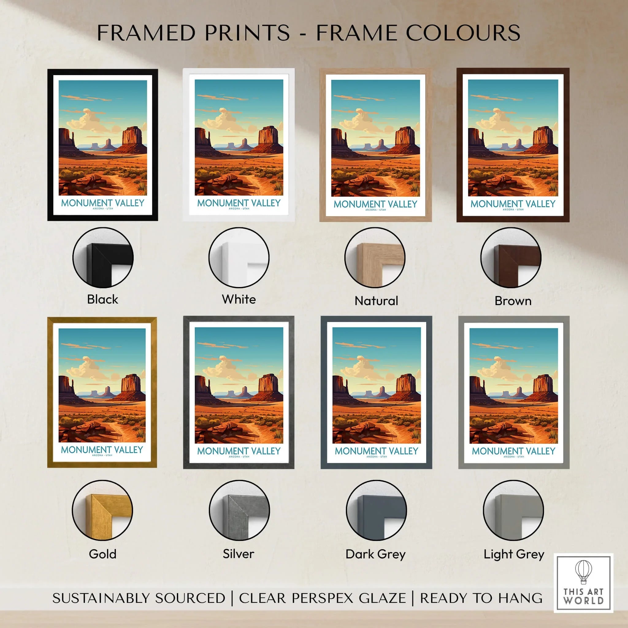 Monument Valley art print in eight frame color options, desert landscape wall decor.