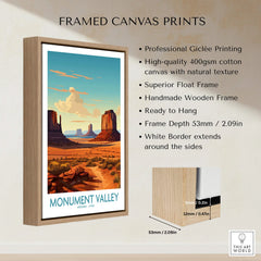 Framed Monument Valley travel poster in float frame, wooden edge, scenic desert art print