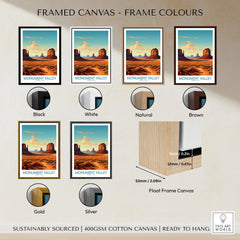 Framed Monument Valley travel poster canvas in six frame colors: black, white, natural, brown, gold, silver.