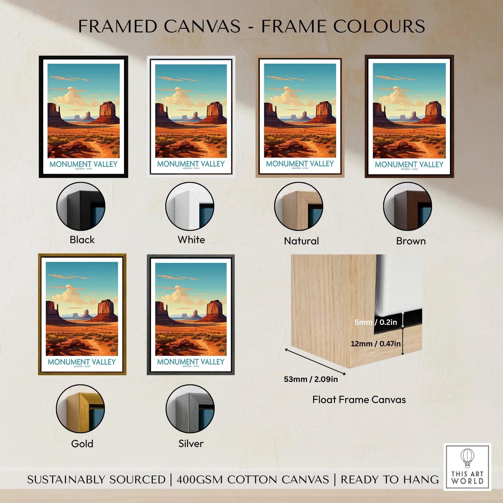 Framed Monument Valley travel poster canvas in six frame colors: black, white, natural, brown, gold, silver.