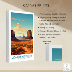 Monument Valley canvas print with vivid desert landscape, buttes, and white border detail.