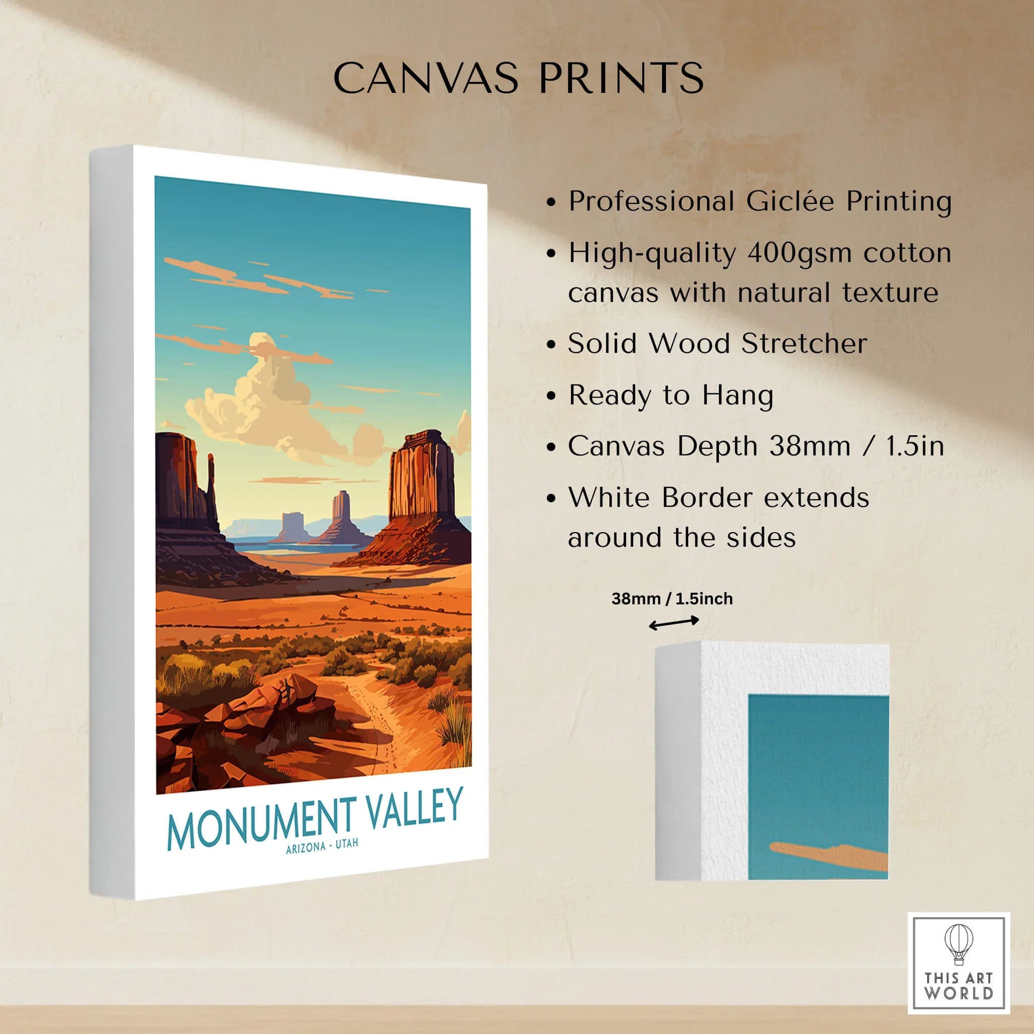 Monument Valley canvas print with vivid desert landscape, buttes, and white border detail.