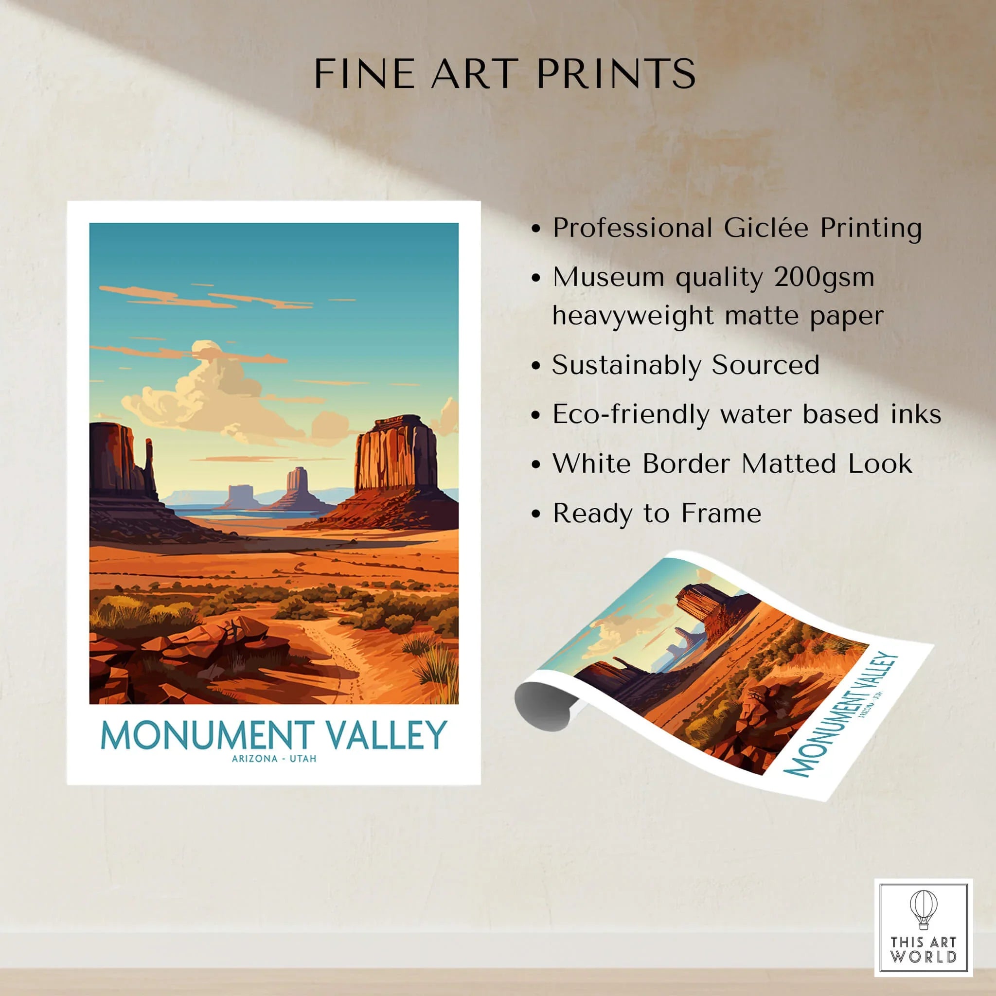 Monument Valley art print poster with desert landscape, buttes, and blue sky on matte paper.