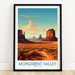 Framed Monument Valley travel poster art print on wooden floor, desert landscape illustration