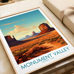Framed Monument Valley art print with desert landscape and buttes, travel poster home decor