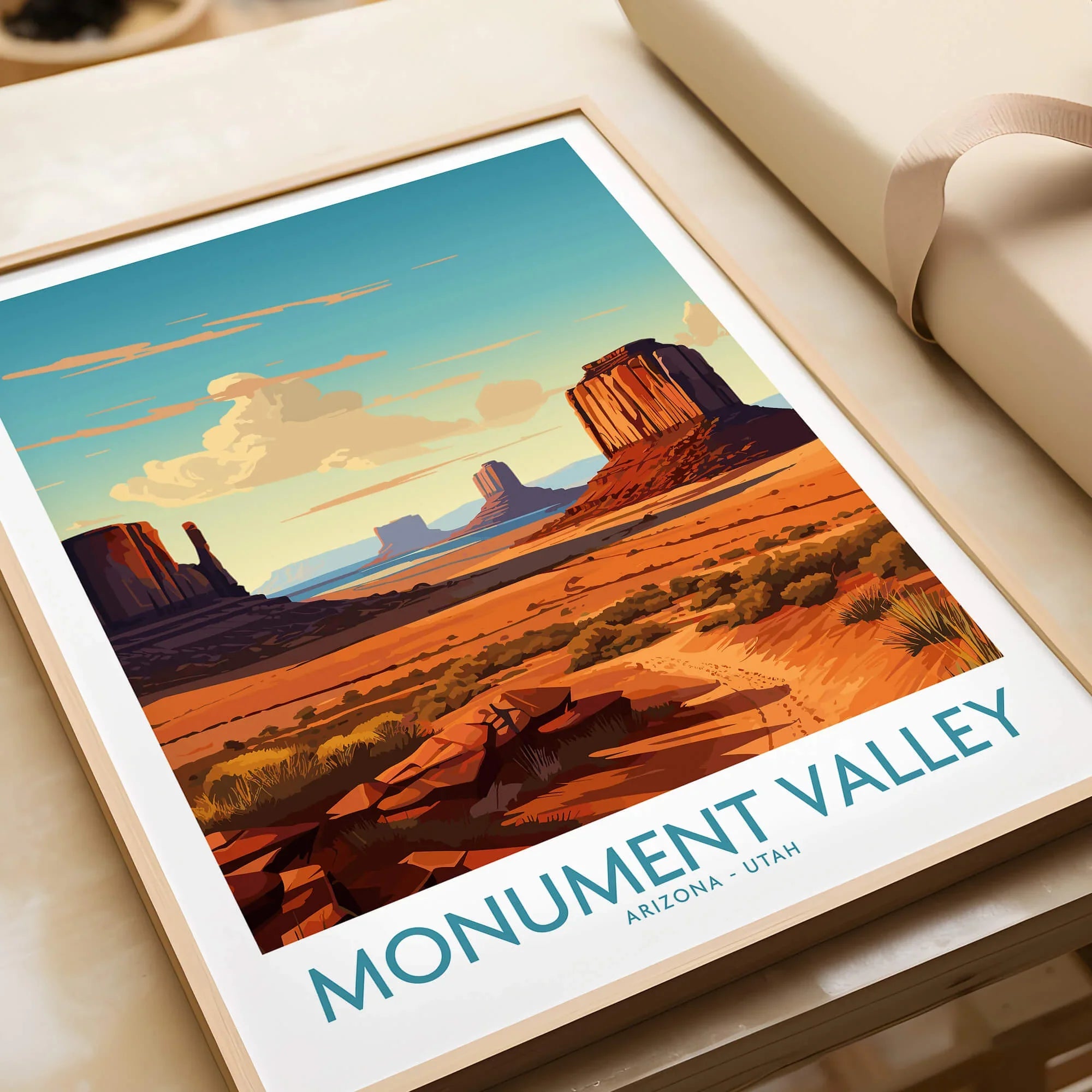 Framed Monument Valley art print with desert landscape and buttes, travel poster home decor