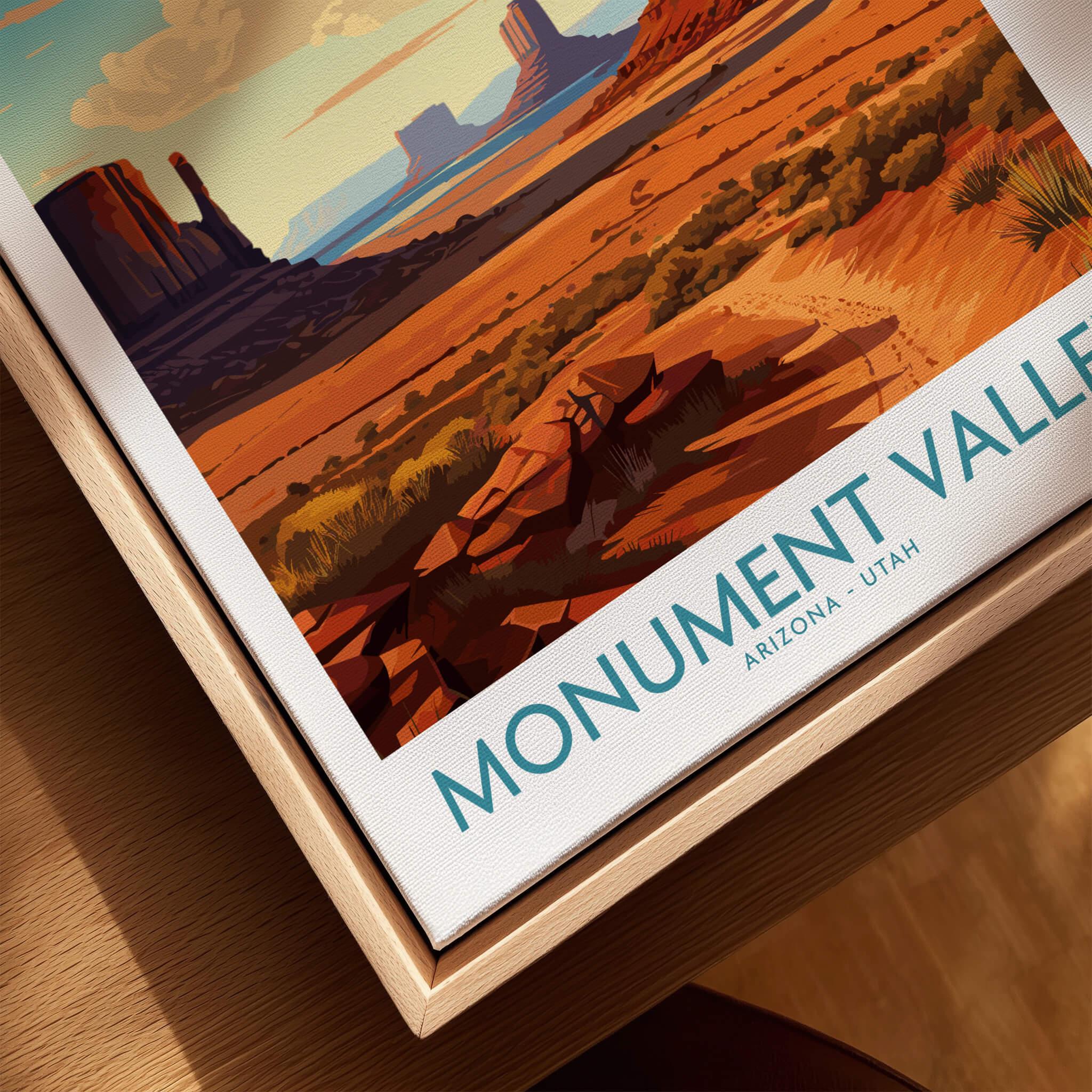 Monument Valley wall art print in natural wood floating frame, desert landscape illustration