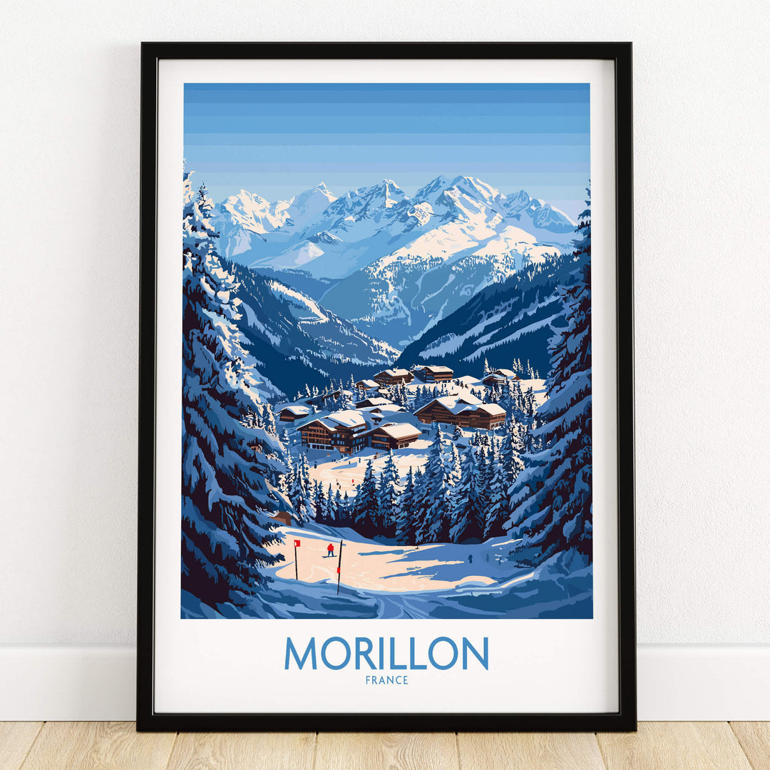 Morillon Ski Poster showcasing a snowy mountain landscape and ski resort in vibrant colors.