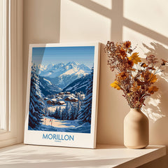 Morillon Ski Poster featuring a stunning winter landscape with mountains and a cozy village setting.