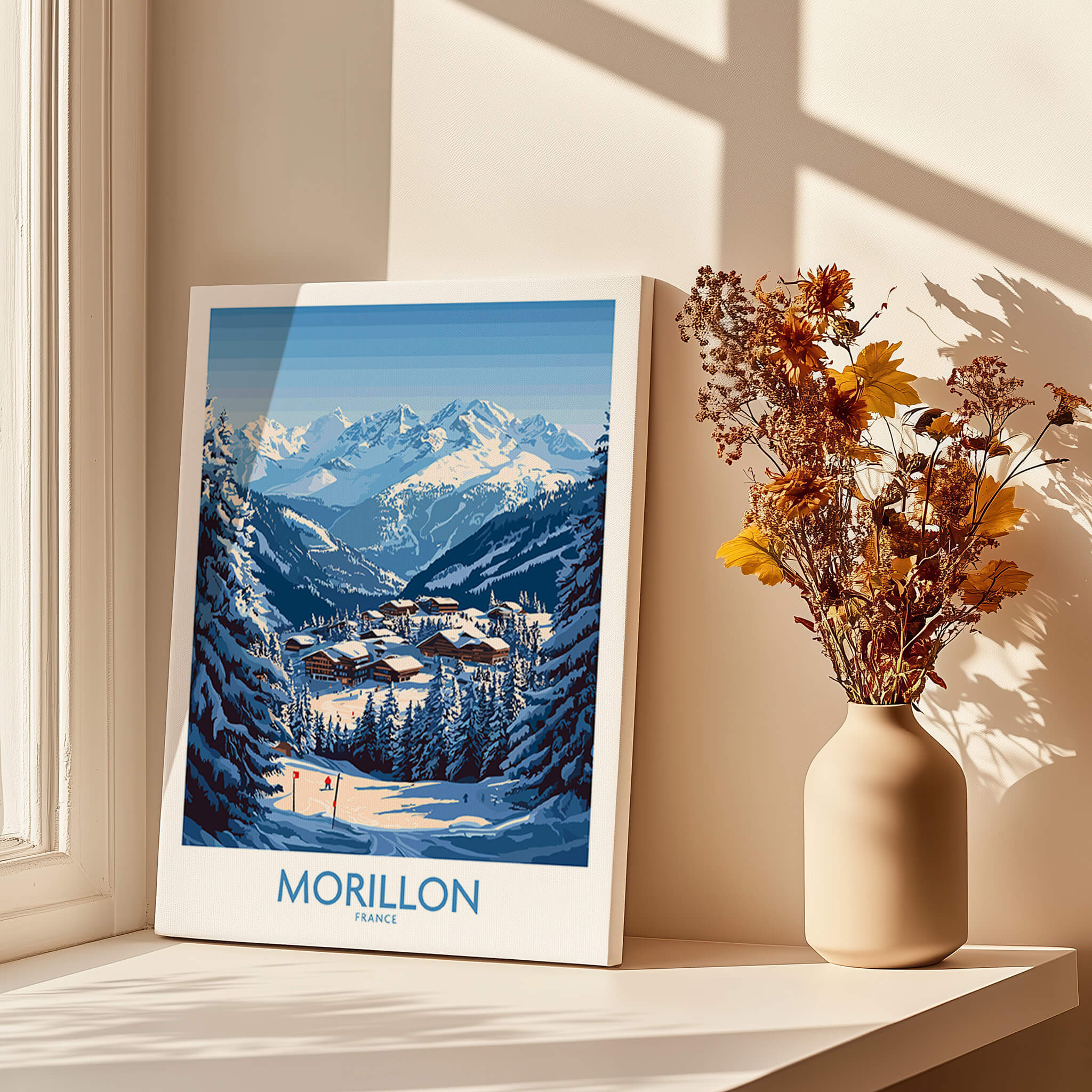 Morillon Ski Poster featuring a stunning winter landscape with mountains and a cozy village setting.