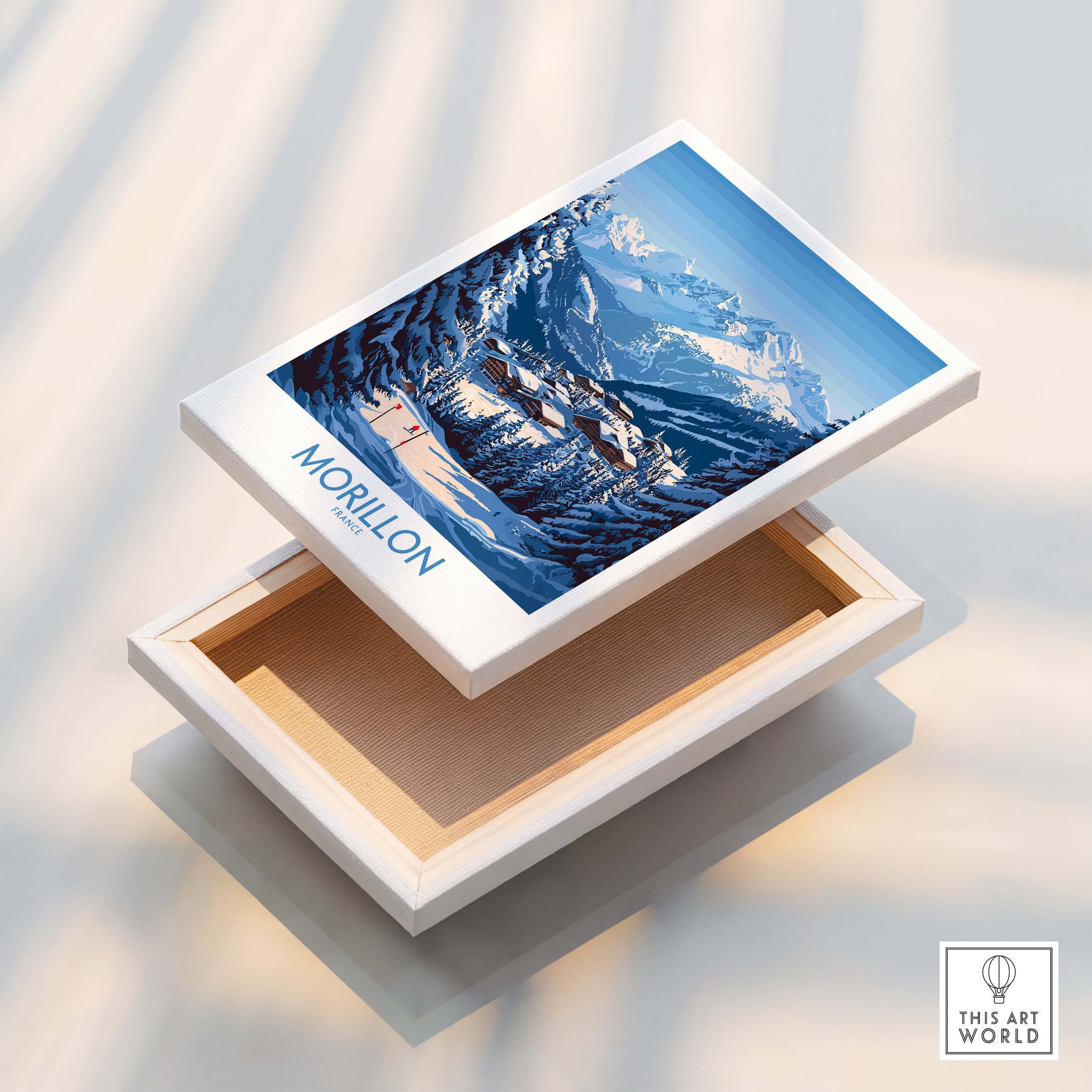 Morillon Ski Poster featuring a vibrant mountain landscape design in a decorative box