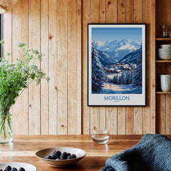 Morillon Ski Poster displayed in a cozy room with wooden walls, showcasing a stunning mountain view.