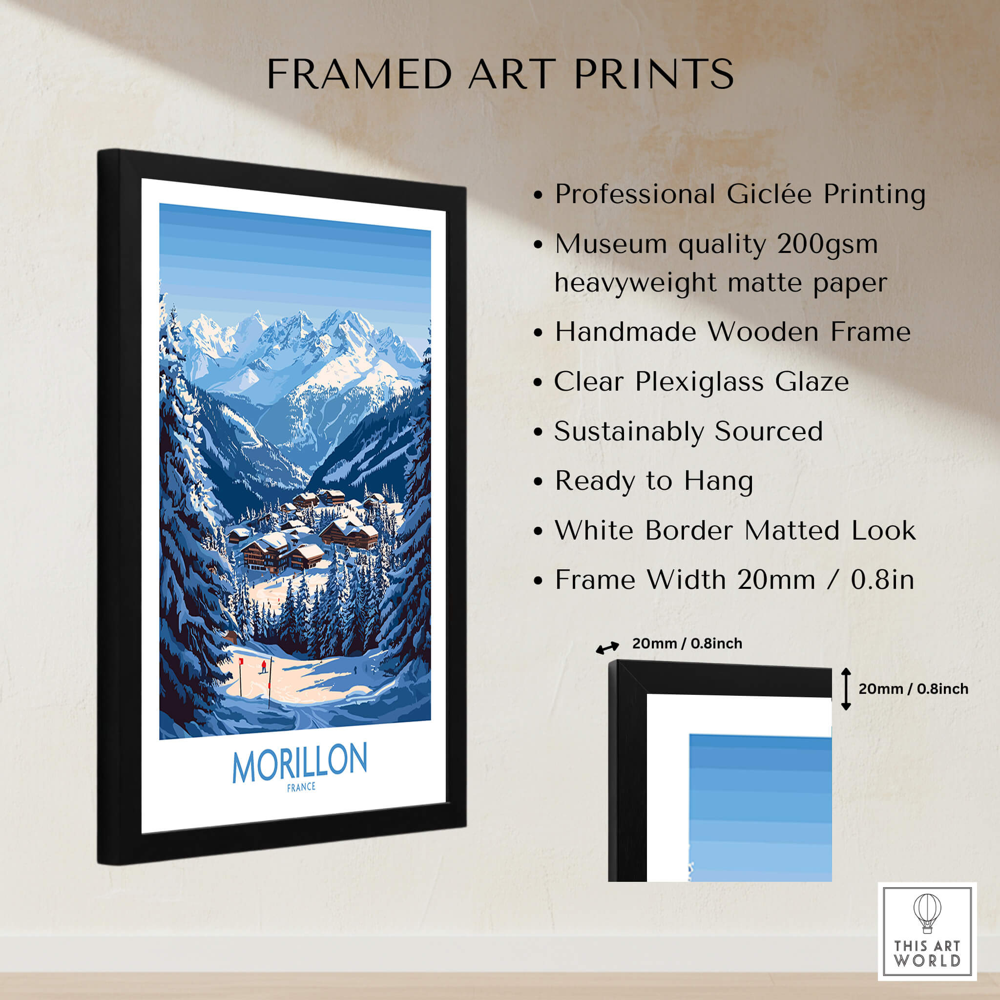 Morillon Ski Poster framed art print featuring mountain scenery and vibrant colors for ski lovers.