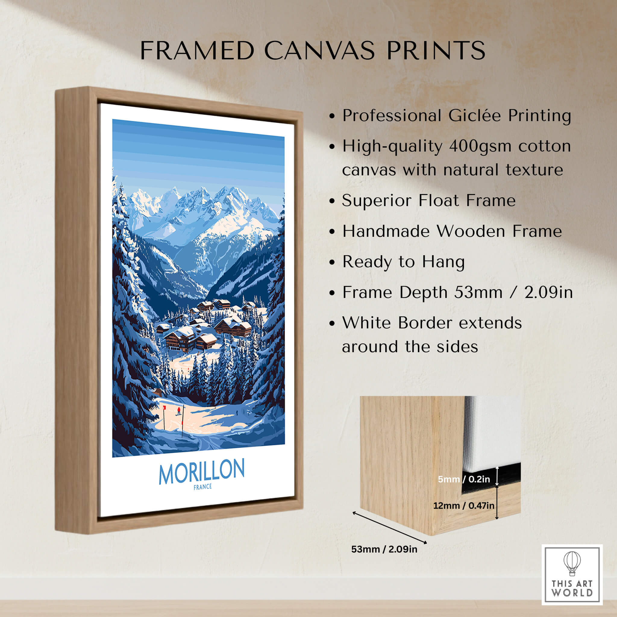 Morillon Ski Poster framed canvas print featuring vibrant mountain landscape design.