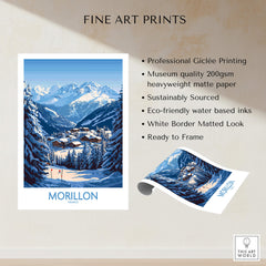 Morillon Ski Poster showcasing stunning mountain scenery, printed on high-quality sustainable paper.