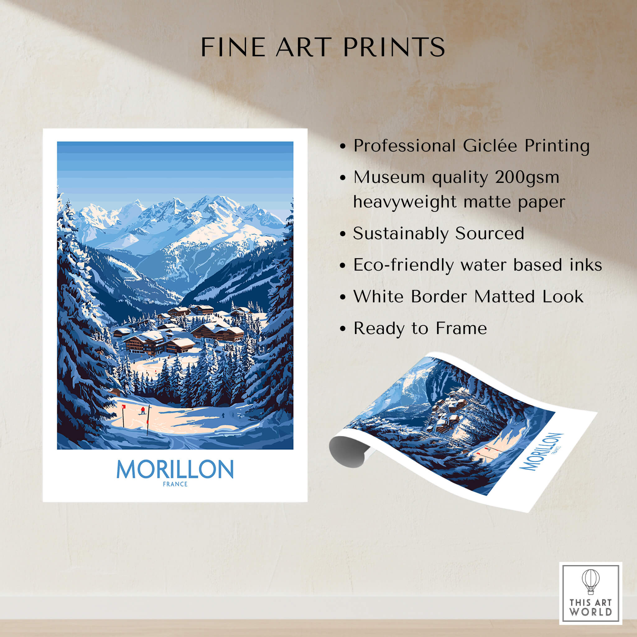 Morillon Ski Poster showcasing stunning mountain scenery, printed on high-quality sustainable paper.