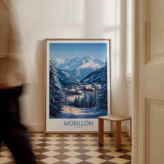 Morillon Ski Poster framed in a stylish hallway, showcasing vibrant colors and stunning mountain scenery.