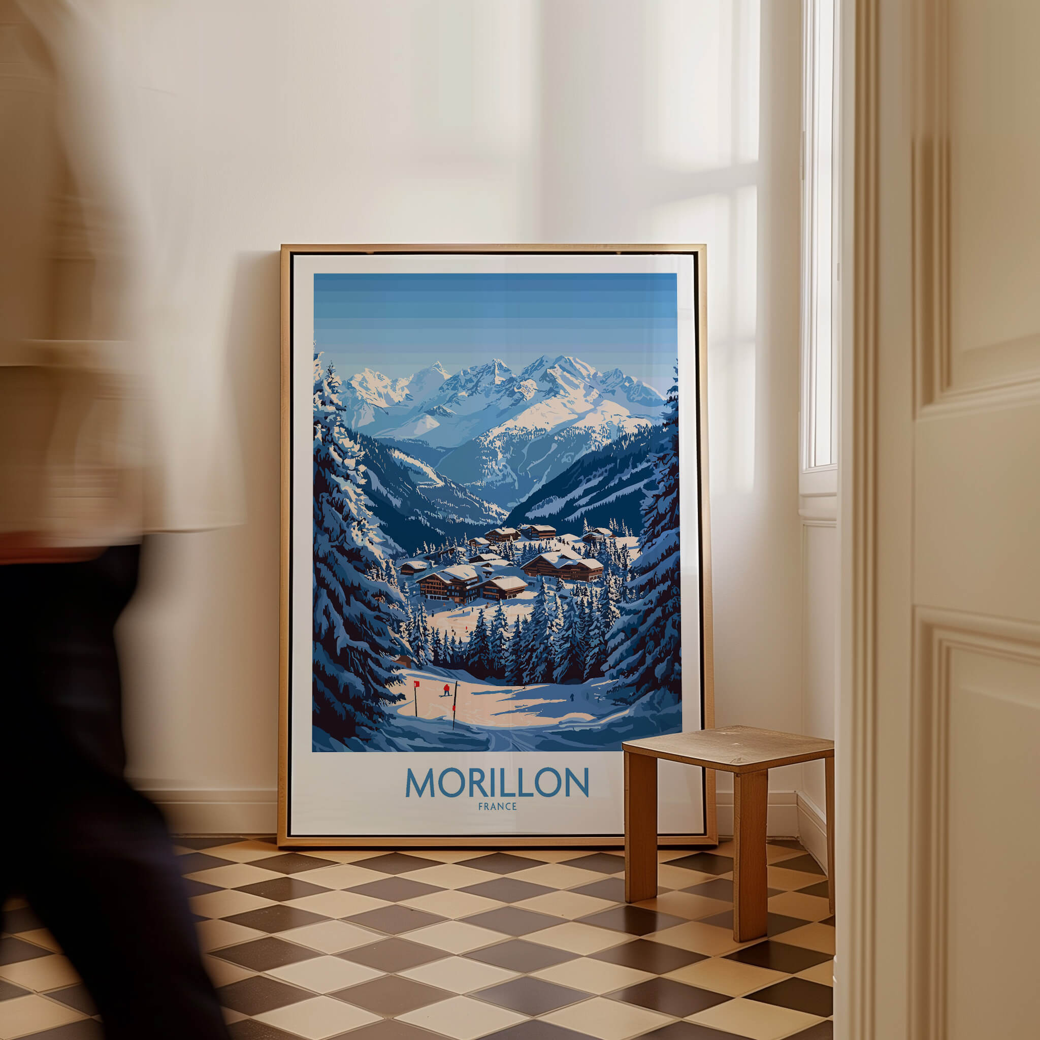 Morillon Ski Poster framed in a stylish hallway, showcasing vibrant colors and stunning mountain scenery.