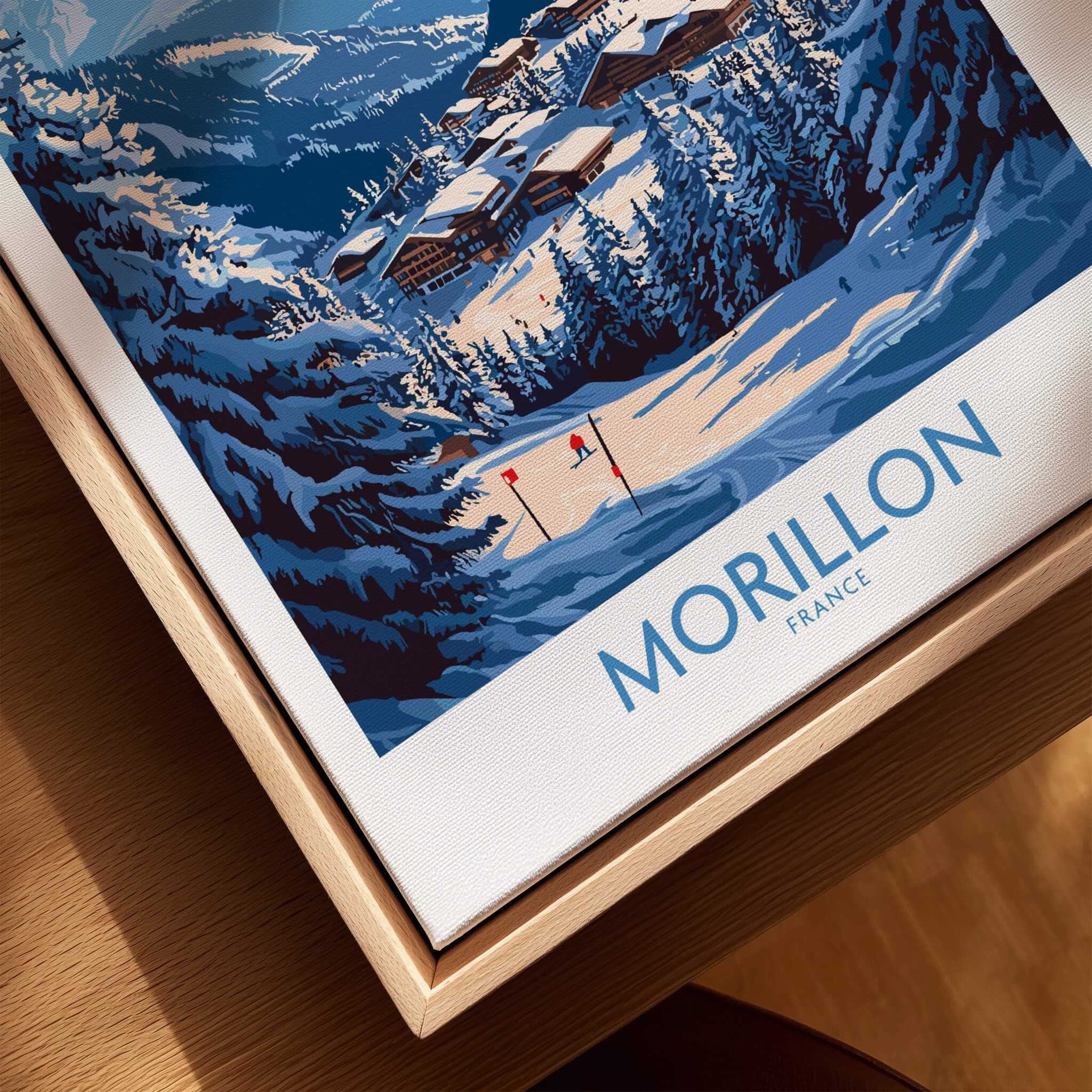 Morillon Ski Poster featuring a winter scene in France with vibrant colors and ski slopes.