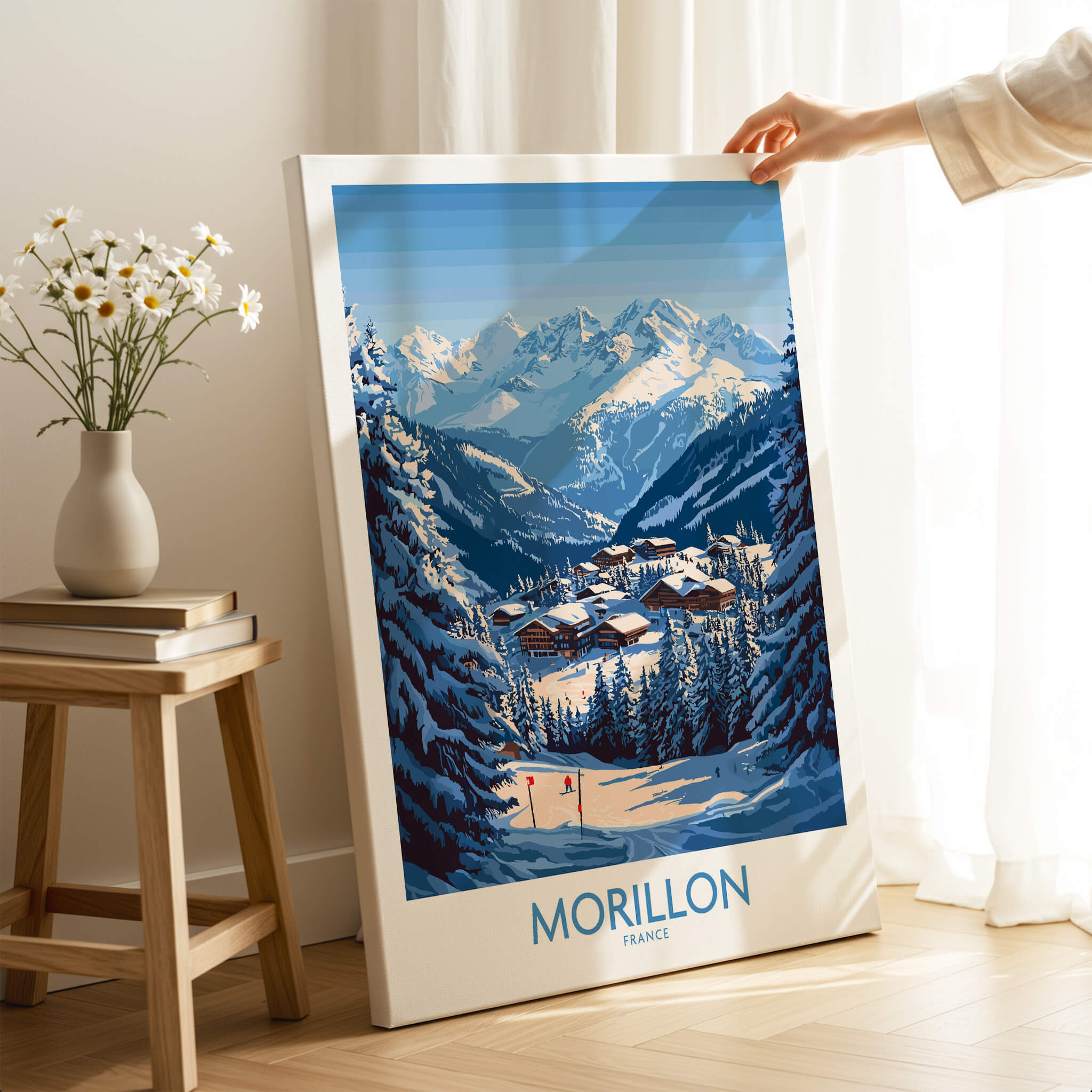 Morillon Ski Poster showcasing a stunning mountain view in vibrant colors, perfect for ski enthusiasts.