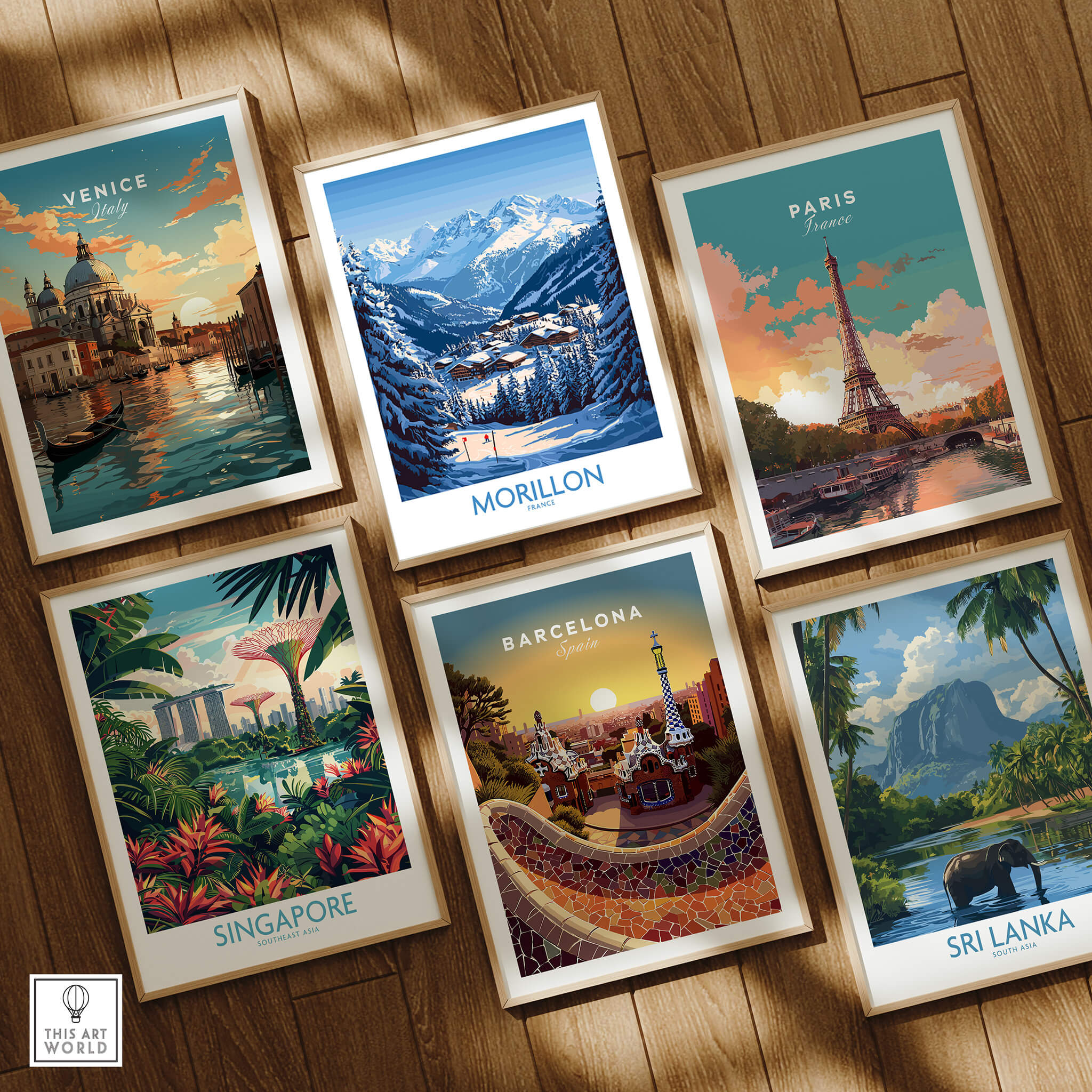 Morillon Ski Poster featured among travel and landscape art prints, showcasing vibrant colors and stunning design.