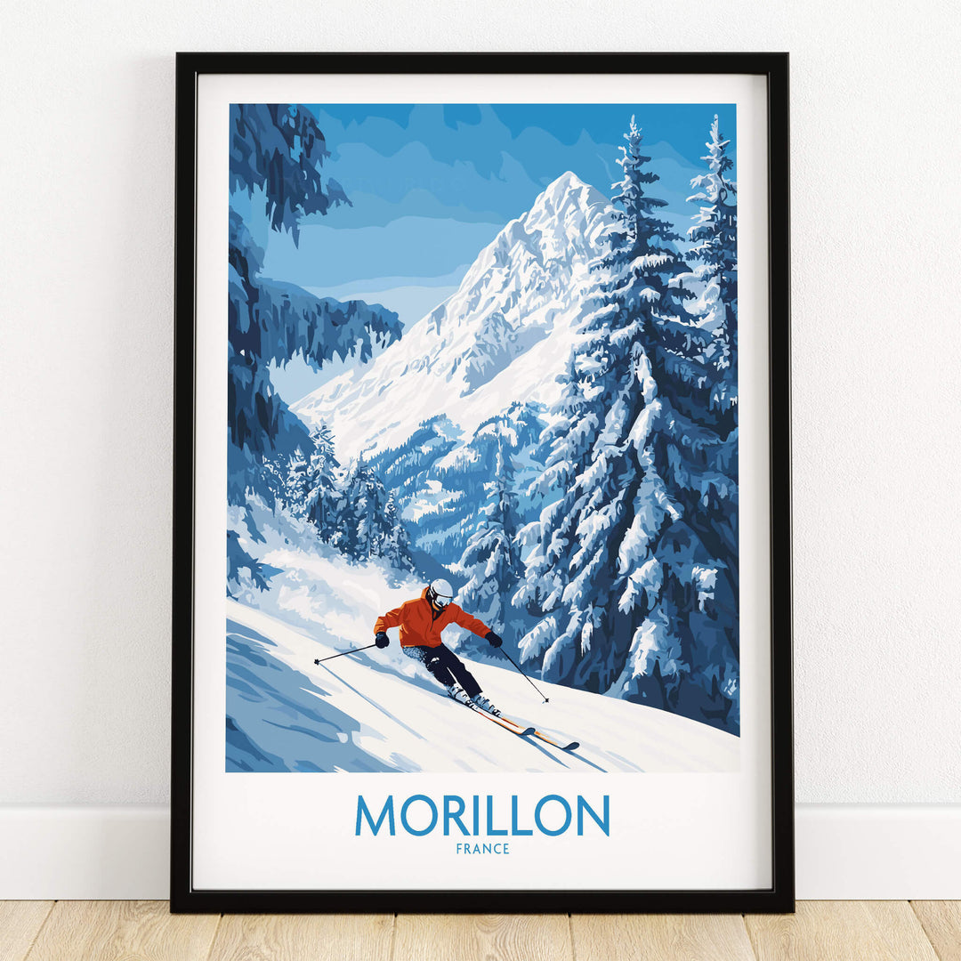 Morillon Ski Wall Art Poster featuring a skier in vibrant colors and stunning mountain scenery.