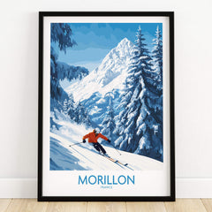 Morillon Ski Wall Art Poster featuring a skier in vibrant colors and stunning mountain scenery.