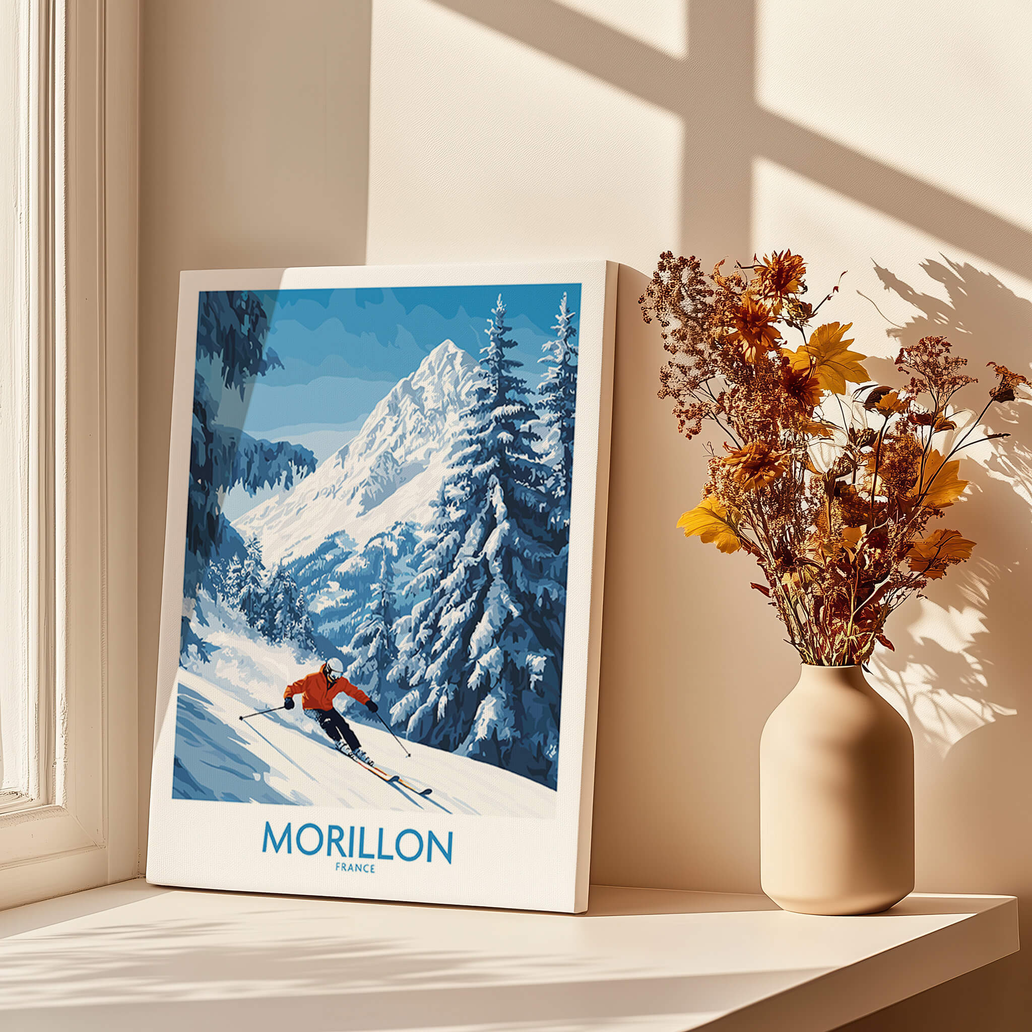 Morillon Ski Wall Art Poster featuring a skier on a picturesque snowy mountain slope.