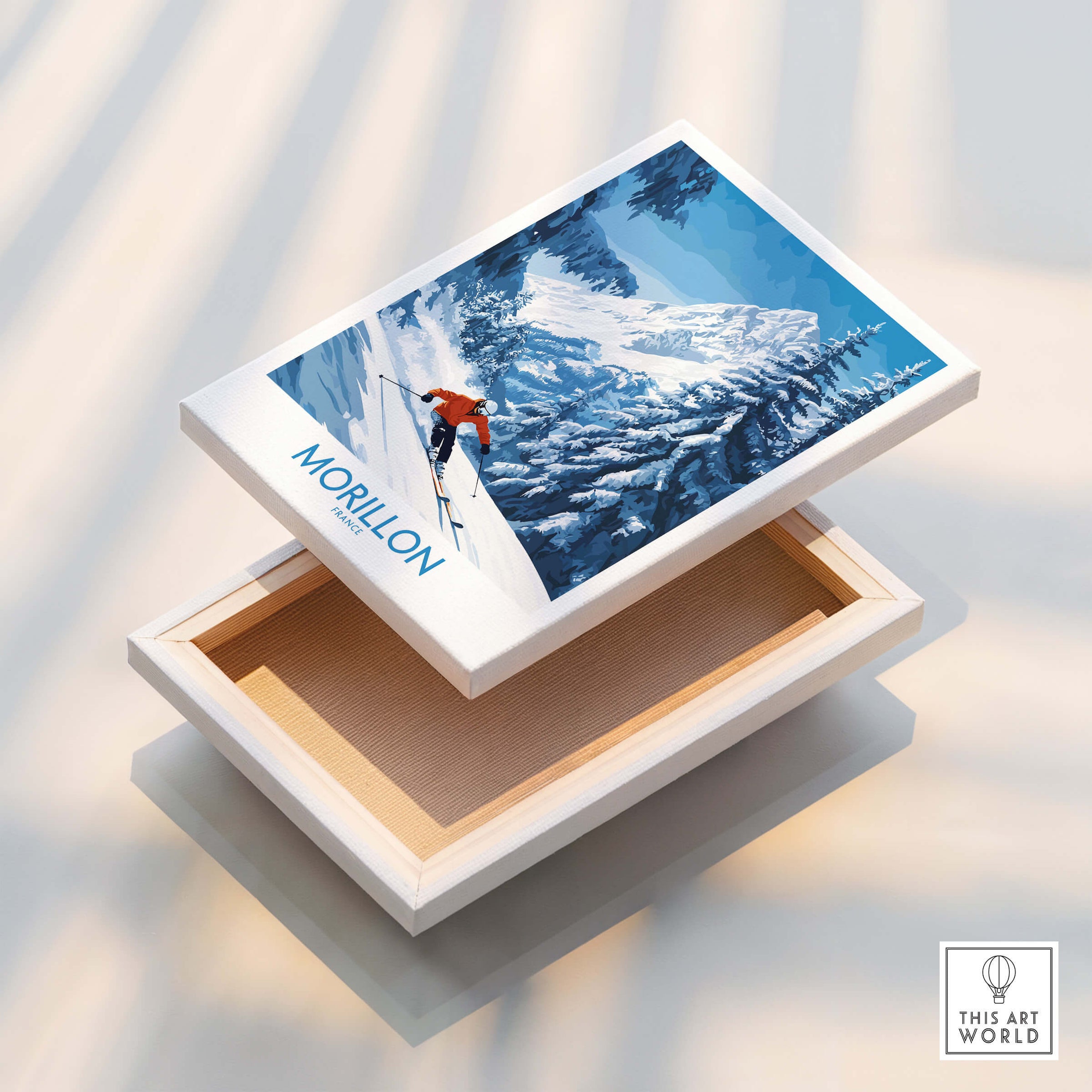 Morillon Ski Wall Art Poster featuring vibrant skiing artwork with snowy mountains, perfect for ski lovers.